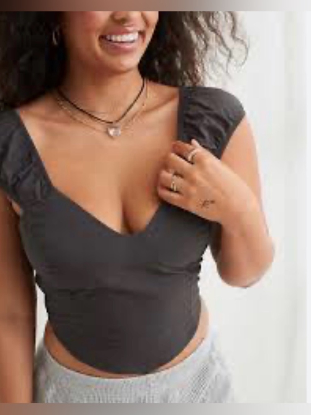 aerie Boho Corset Military Green Womens Medium V-Neck Ruffle Cap-Sleeve Crop Top